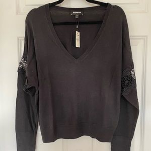 Express V-neck Sweater with Lace Sleeve Detail